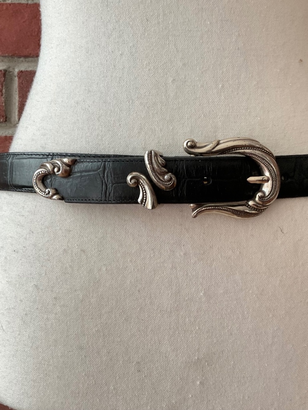 Brighton Leather Belt Black Aligator Western Silver Hardware Vintage 26”-32”